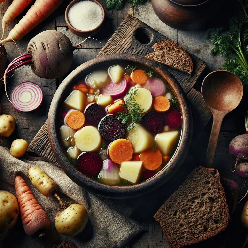 Bowl of Finnish root vegetable soup garnished with fresh dill