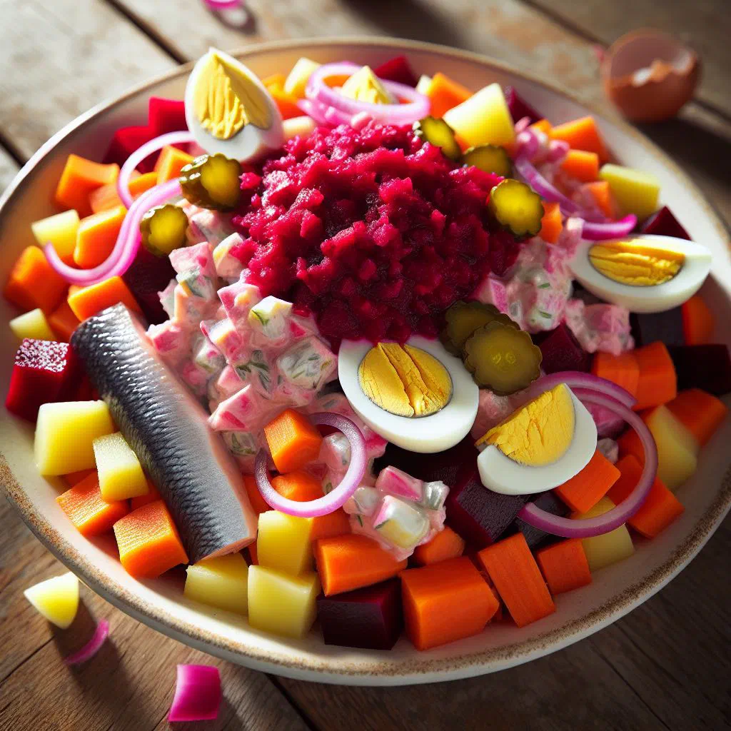 Bowl of Finnish rosolli root vegetable salad with beetroot, carrot and apple