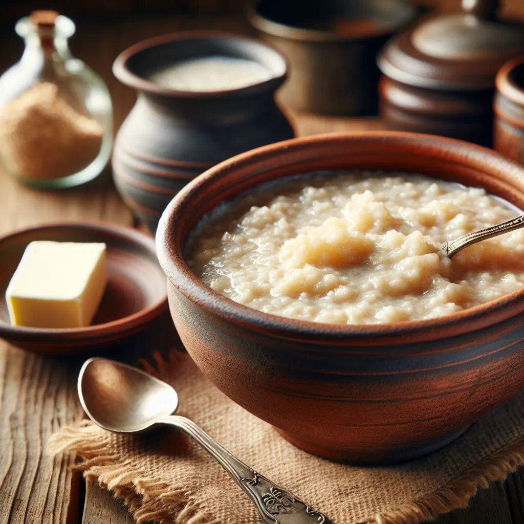 Bowl of warm Finnish rye porridge topped with berries and a swirl of milk