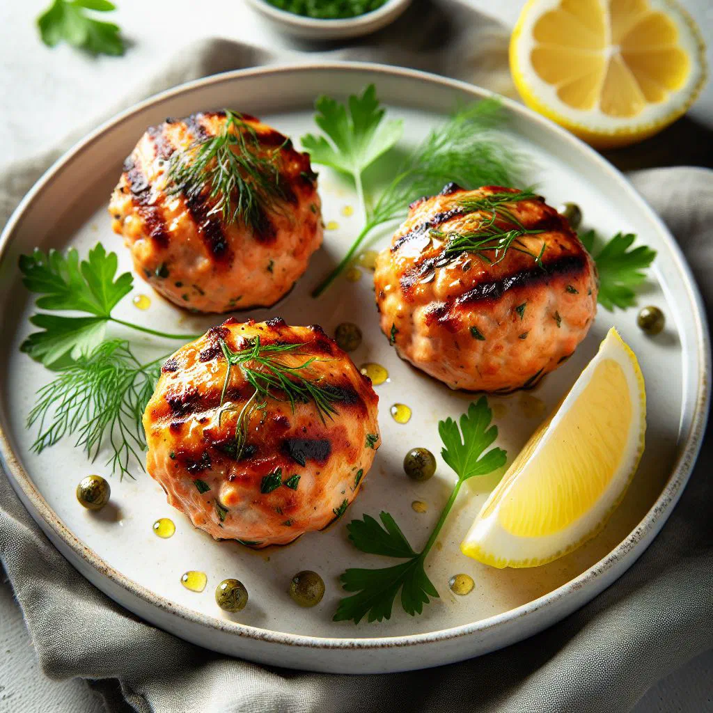 Golden pan-fried Finnish salmon balls garnished with fresh dill