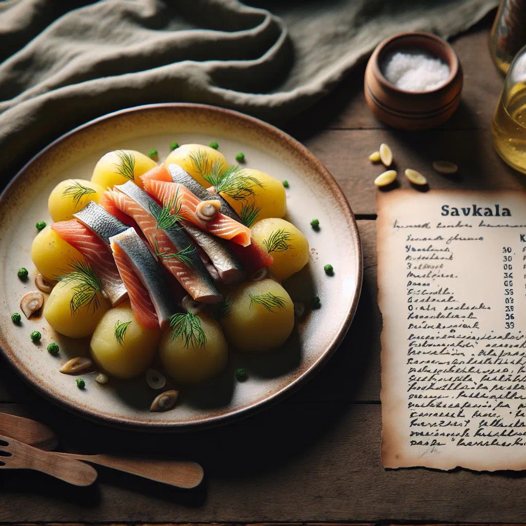Smoked salmon fillet garnished with fresh dill and lemon on a wooden board