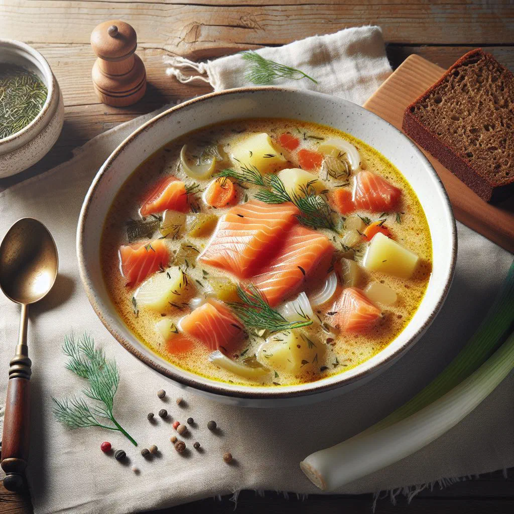Creamy Finnish smoked reindeer soup garnished with fresh dill