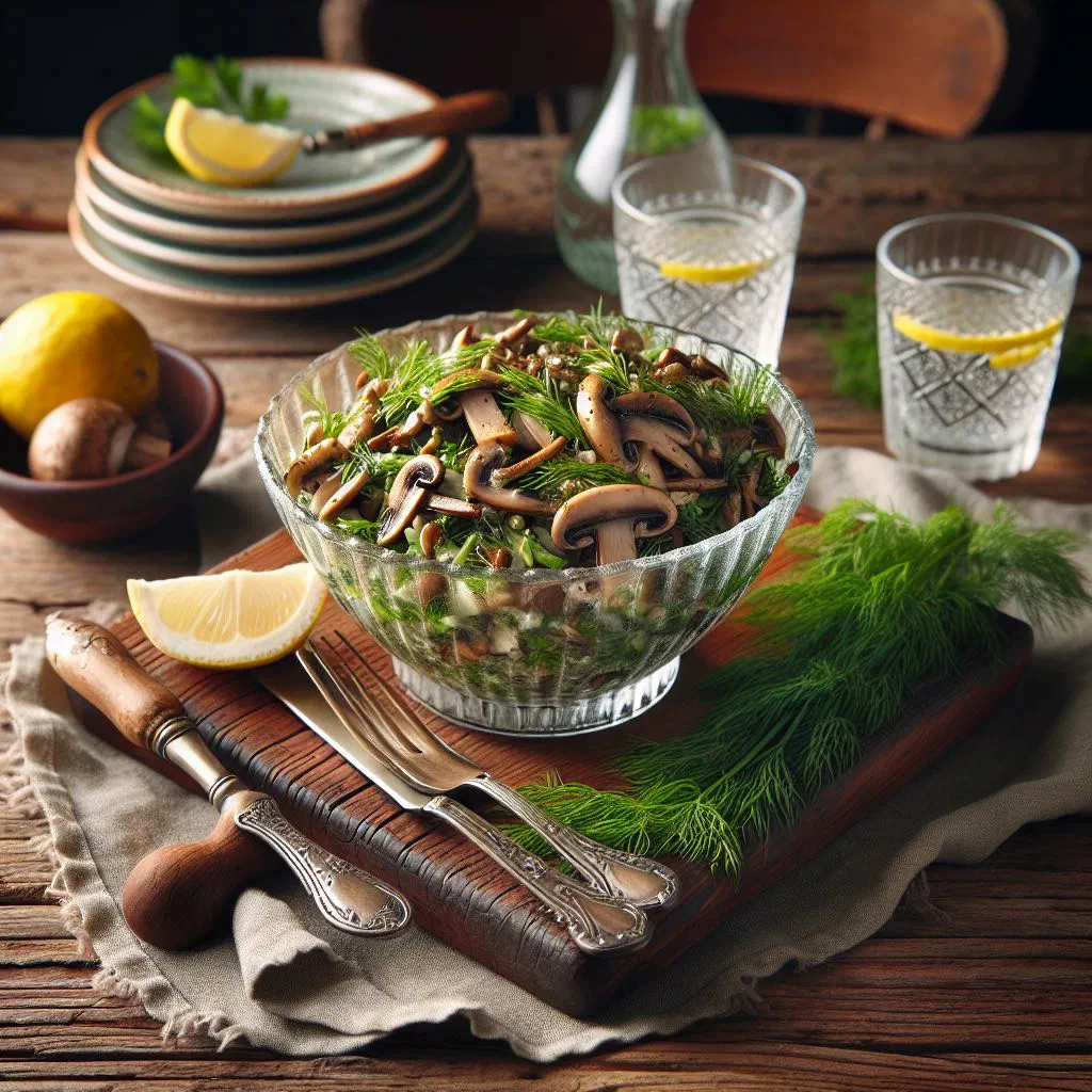 Creamy Finnish mushroom salad garnished with fresh parsley