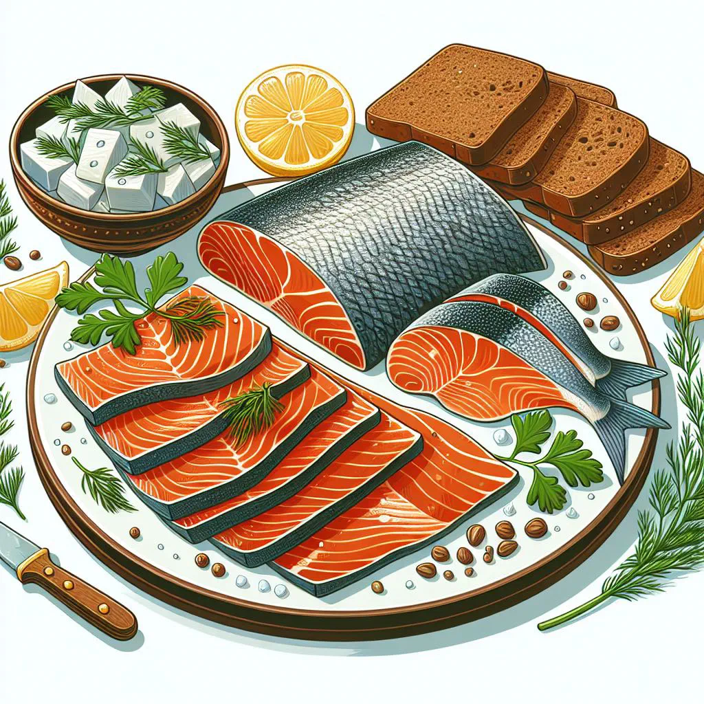 Sliced salt-cured Finnish suolakala with fresh dill and lemon