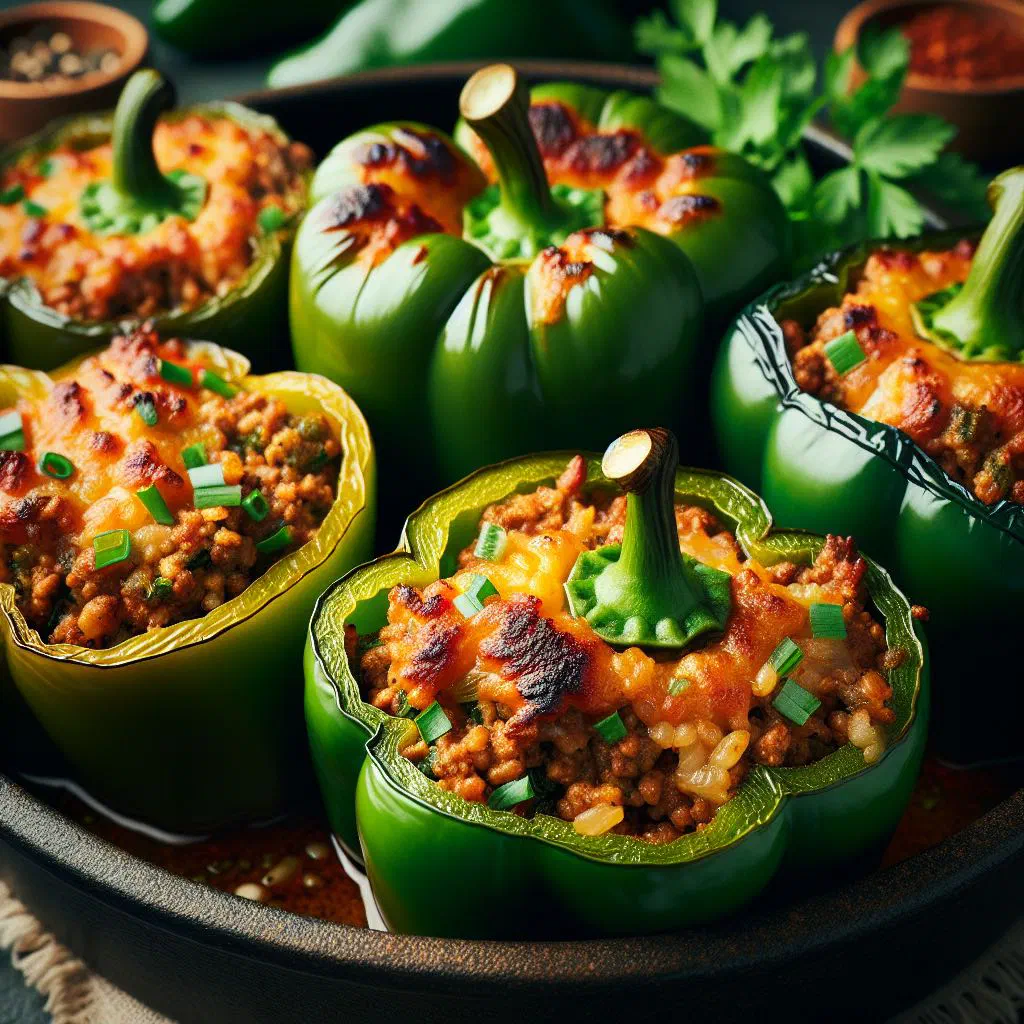 Baked stuffed peppers filled with minced meat and rice in tomato sauce