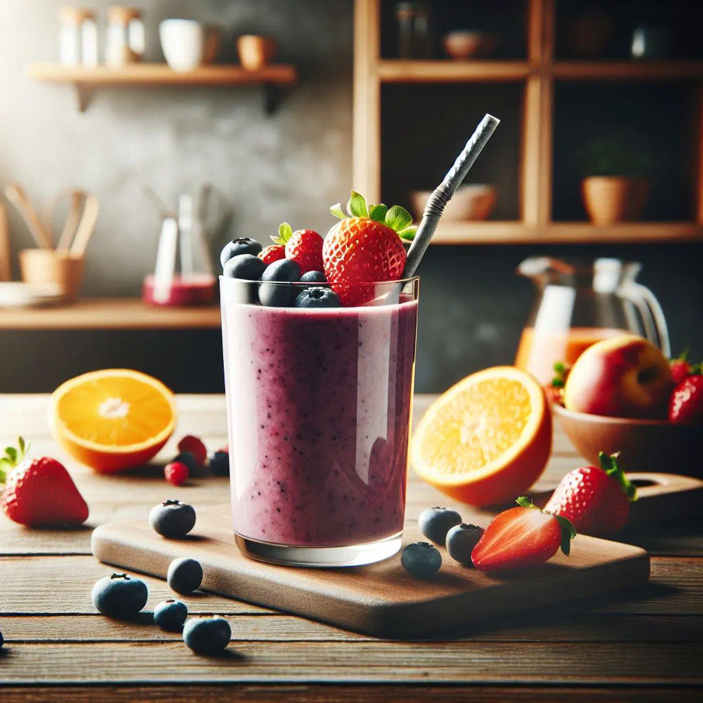 Bright orange sea buckthorn smoothie in a glass, topped with fresh berries