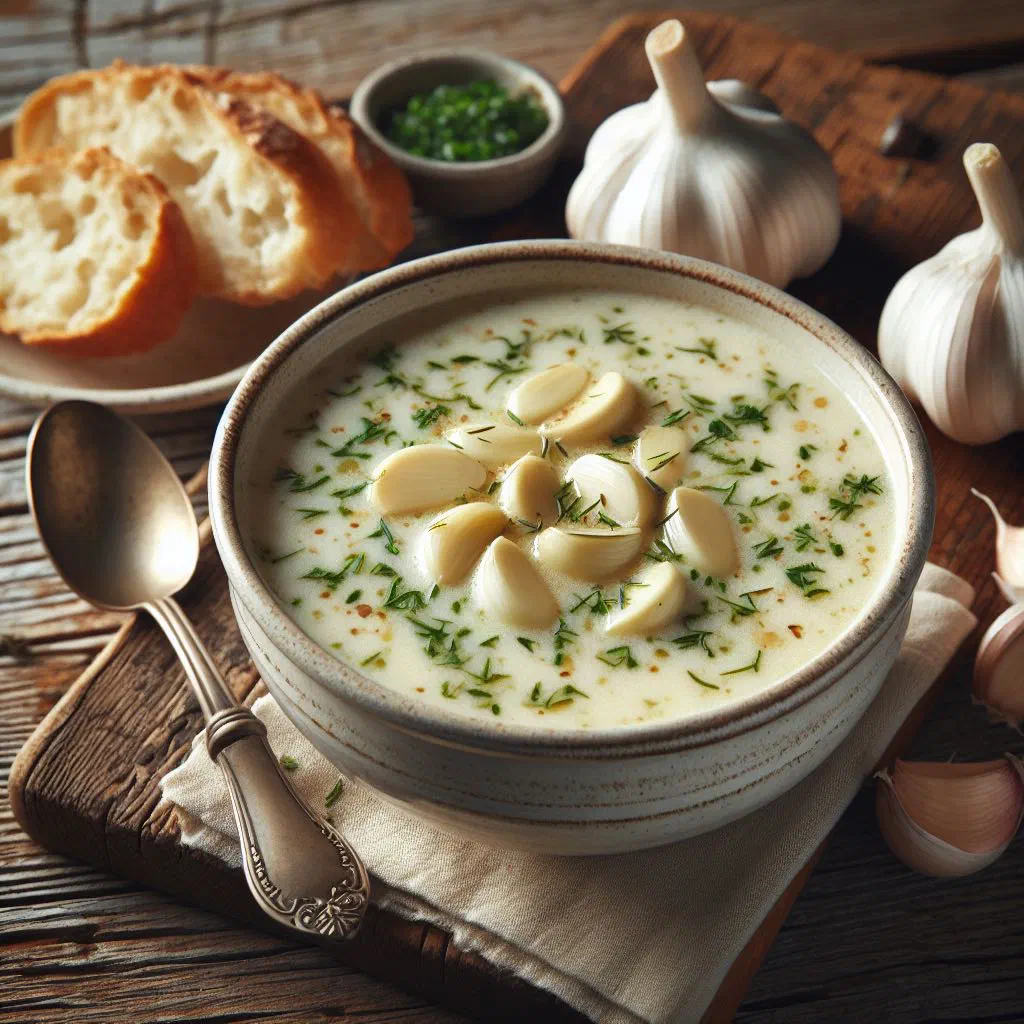 Bowl of creamy Finnish garlic soup garnished with fresh parsley