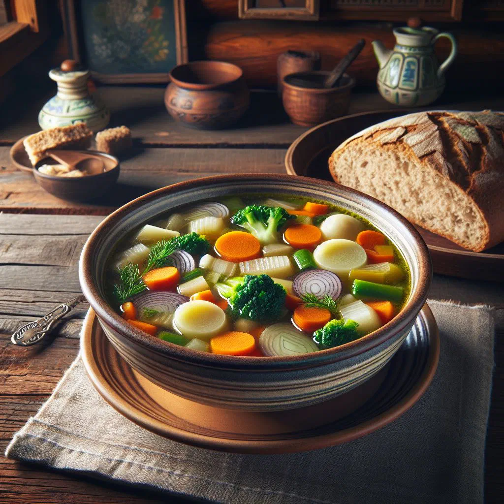 Bowl of Finnish vihanneskeitto vegetable soup with carrots, potatoes and fresh dill