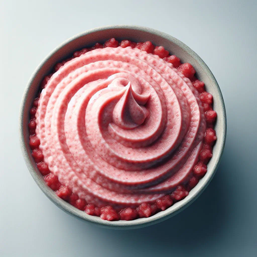 A bowl of pink whipped Vispipuuro topped with fresh berries and a drizzle of milk