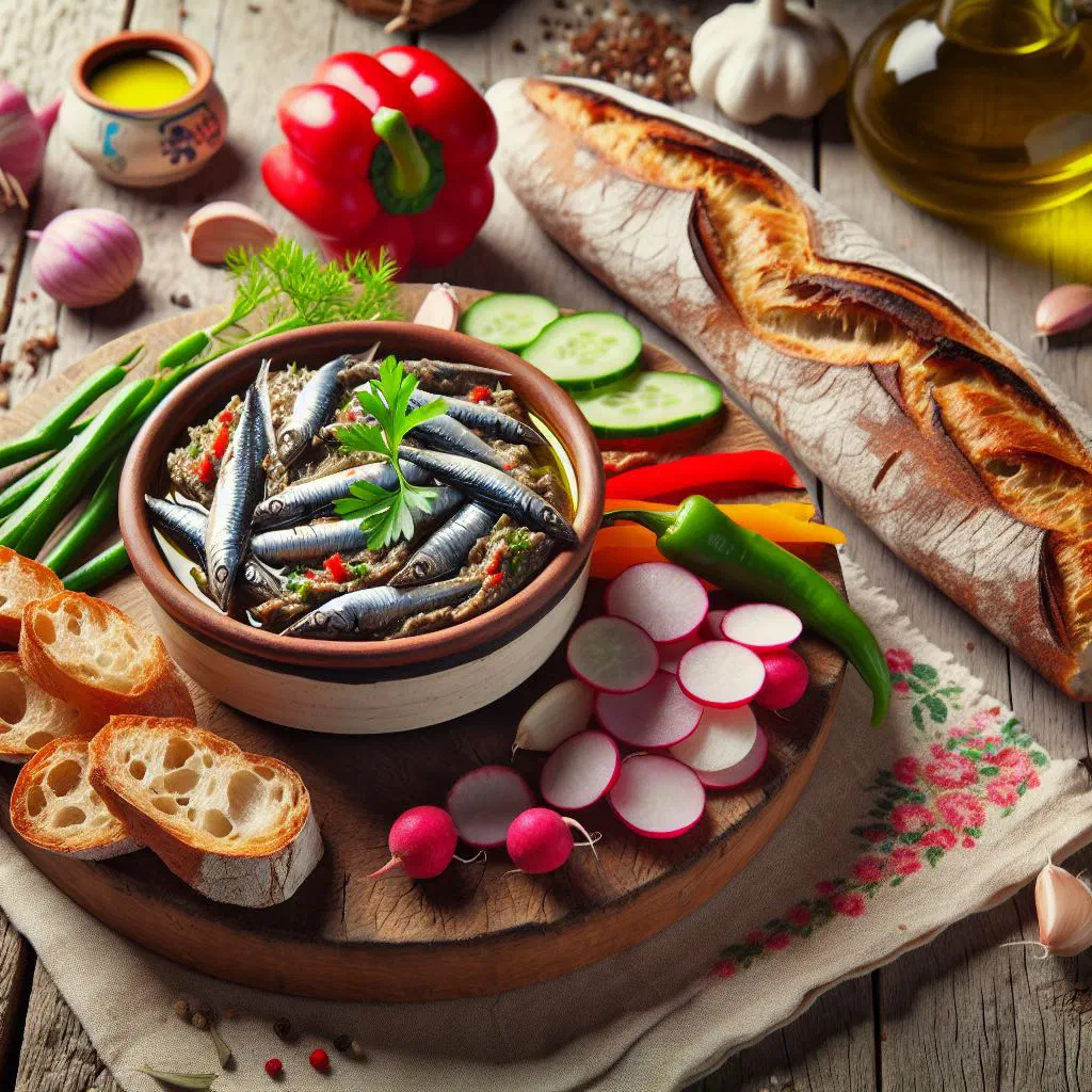 Anchoïade anchovy paste in a bowl with olive oil and crusty bread