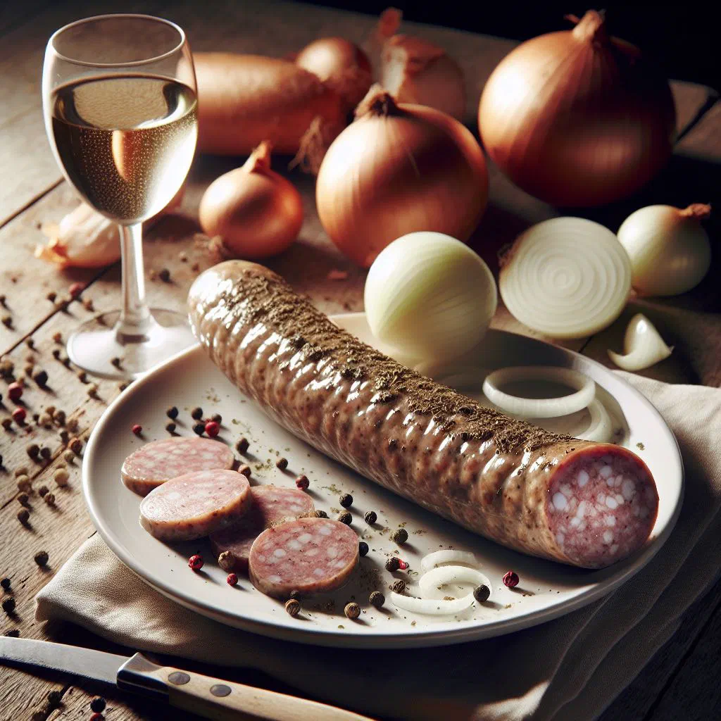 Pan-fried andouillette sausage with Dijon mustard and fresh herbs
