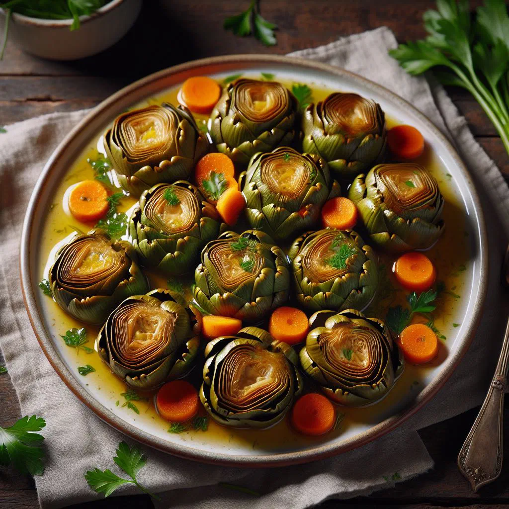 Braised artichokes with carrots and herbs in olive oil, served in a rustic dish