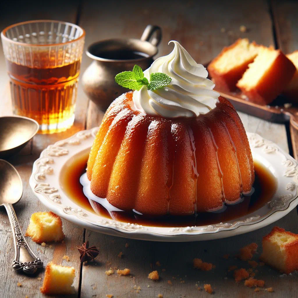 Baba au rhum soaked in rum syrup, topped with whipped cream and fresh fruit