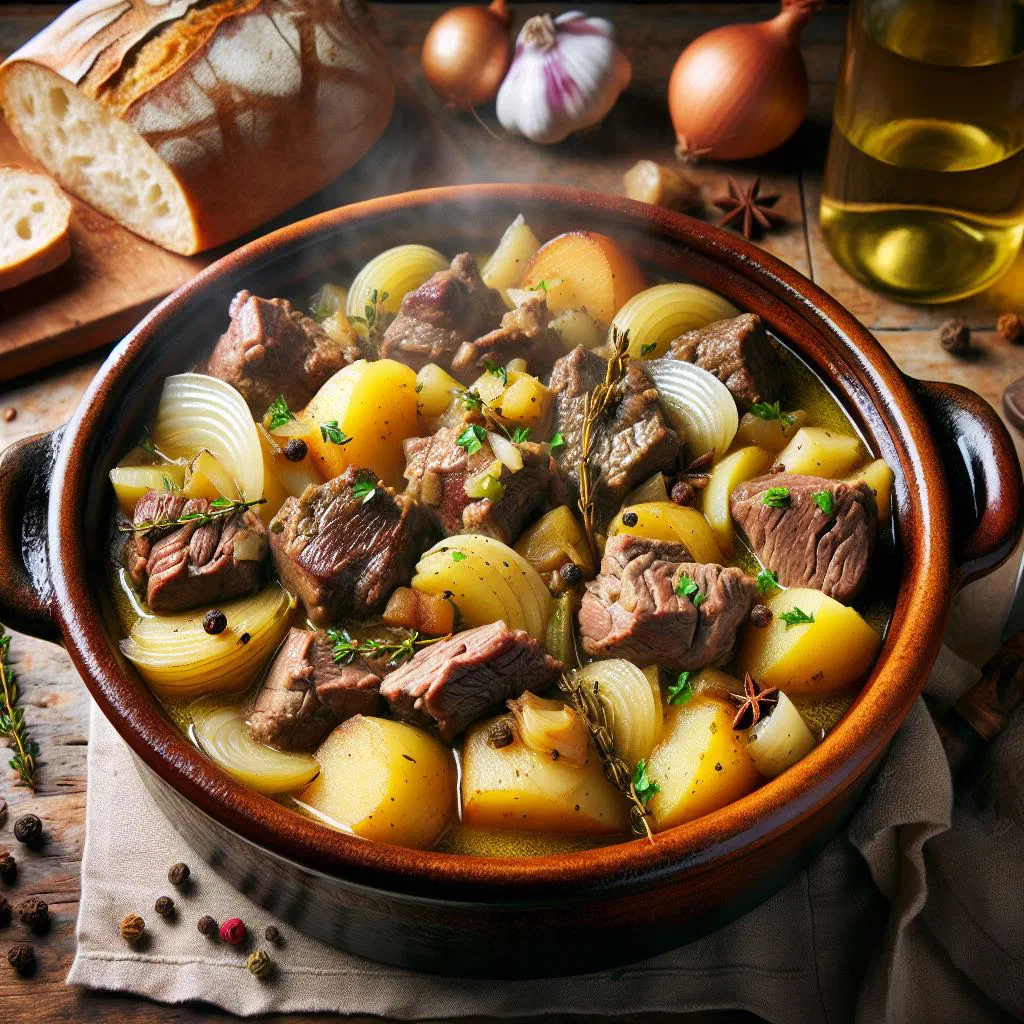 Alsatian baeckeoffe of layered meat and potatoes baked in an earthenware pot