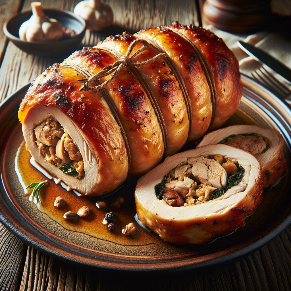 Sliced ballotine de volaille on a plate with fresh herbs