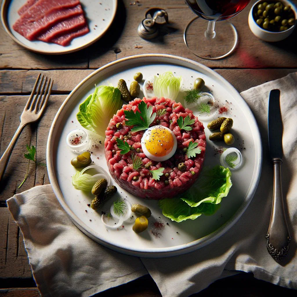 Beef tartare topped with an egg yolk, served with capers and baguette
