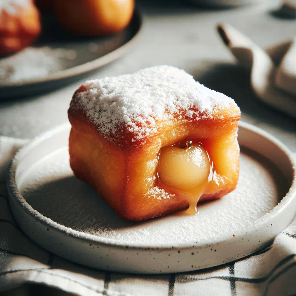 Golden apple fritters dusted with icing sugar on a plate