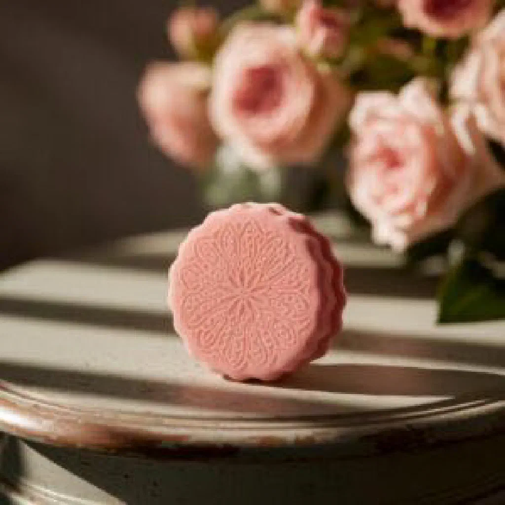 Pink Biscuit Rose de Reims dusted with icing sugar on a plate