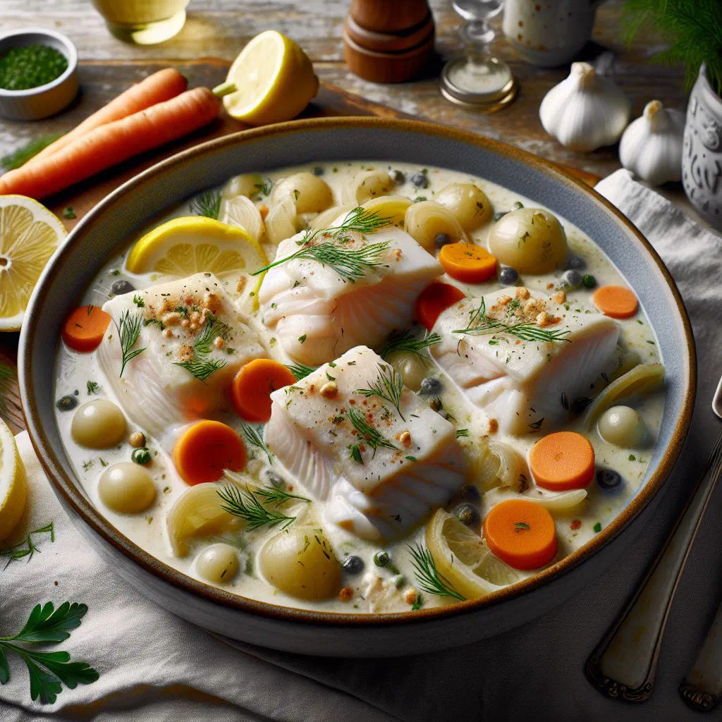 Tender fish pieces in a creamy white sauce with carrots and fresh herbs