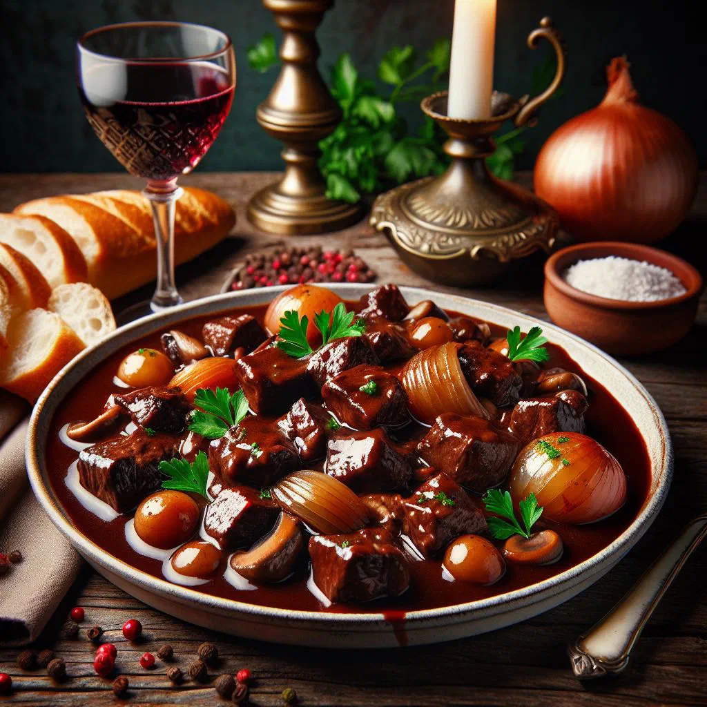 Boeuf bourguignon with tender beef in red wine sauce, carrots and mushrooms