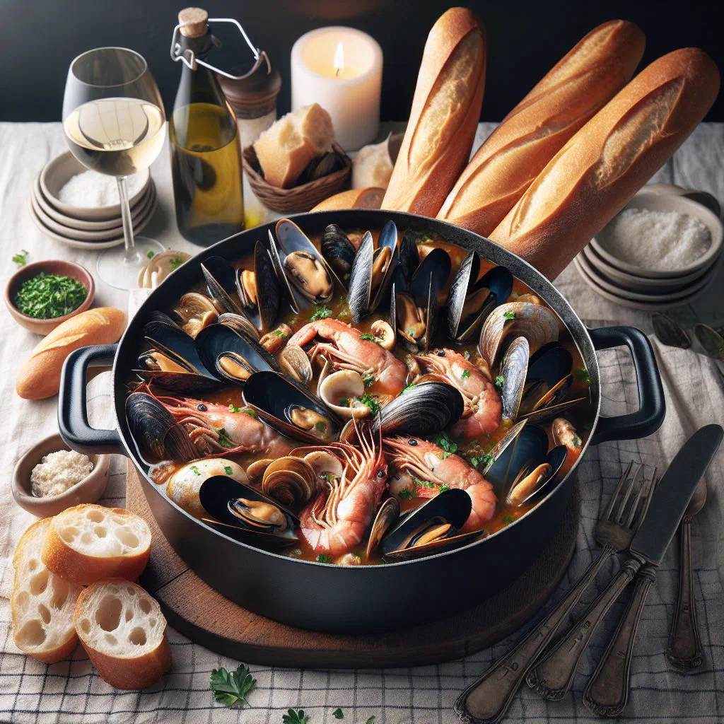 Bowl of bourride fish soup topped with a spoonful of aïoli