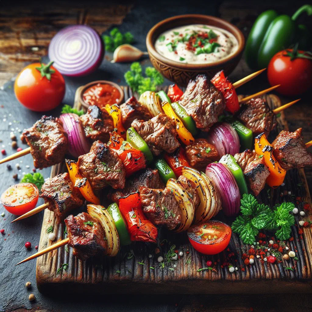 Grilled lamb skewers garnished with fresh herbs and lemon