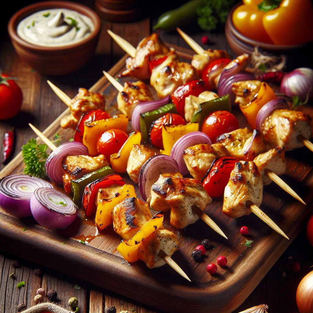 Grilled chicken skewers with peppers and courgette on a platter
