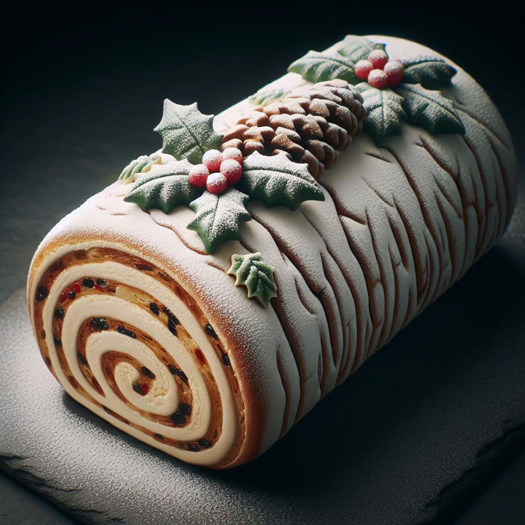 Festive Bûche de Noël yule log cake dusted with cocoa