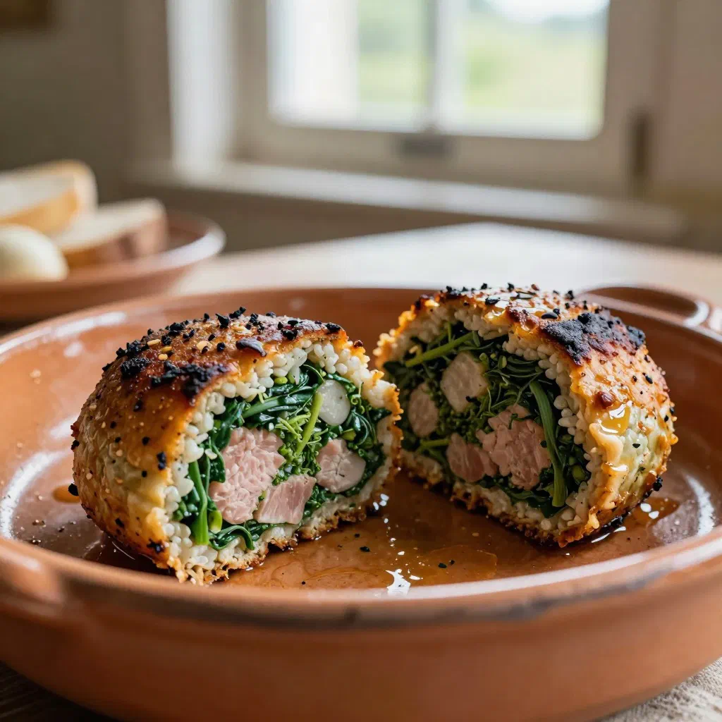 Baked caillette ardèchoise meatballs garnished with fresh herbs