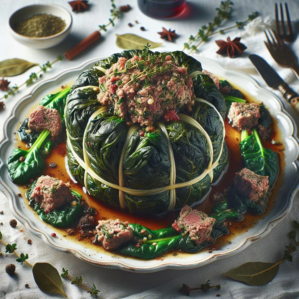 Baked caillette ardèchoise meatballs garnished with fresh herbs