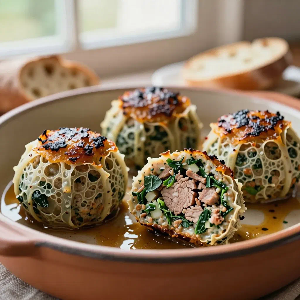 Sliced caillette meat pâté served on a plate with fresh herbs