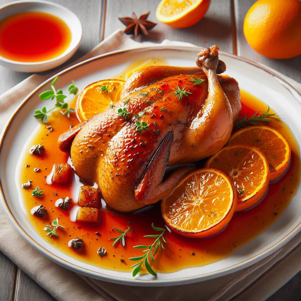 Sliced duck breast served with a glossy orange sauce and zest