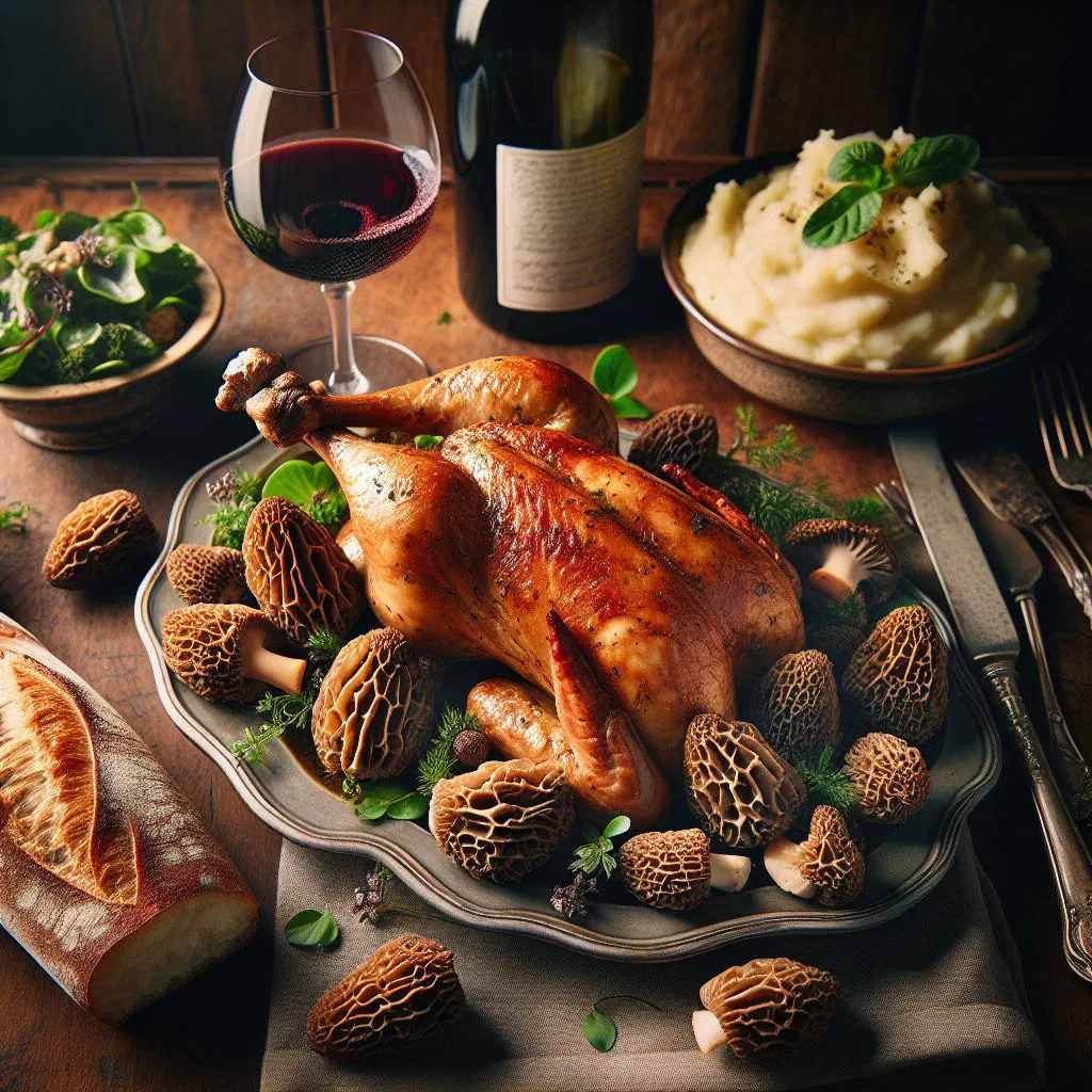 Roasted capon in a creamy morel sauce on an elegant plate