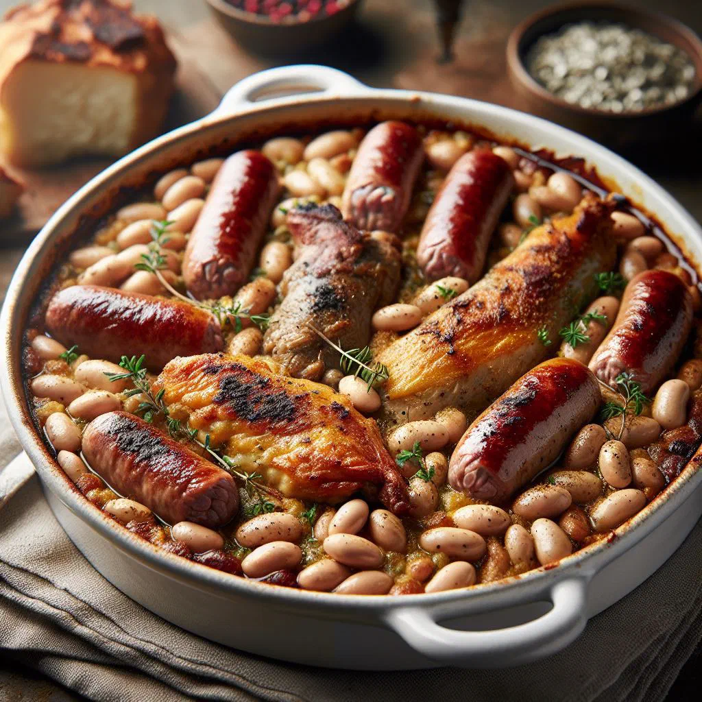 Rustic cassoulet of white beans, sausage and tender meat in an earthenware dish