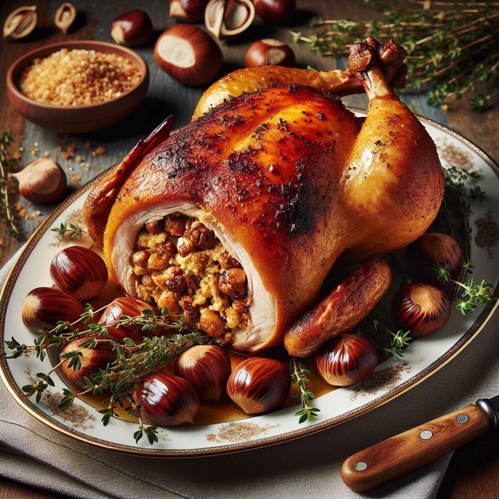 Roast capon stuffed with chestnuts, glazed golden and resting on a platter