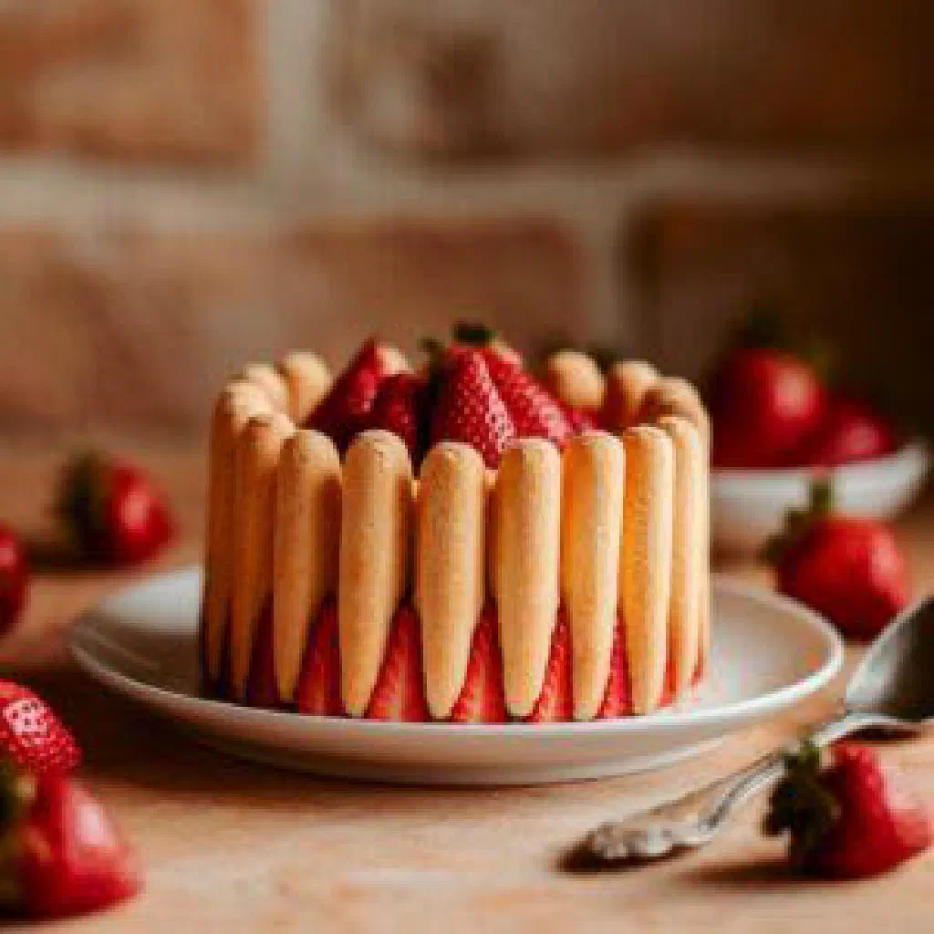 Strawberry charlotte ringed with ladyfingers and topped with fresh strawberries and mint