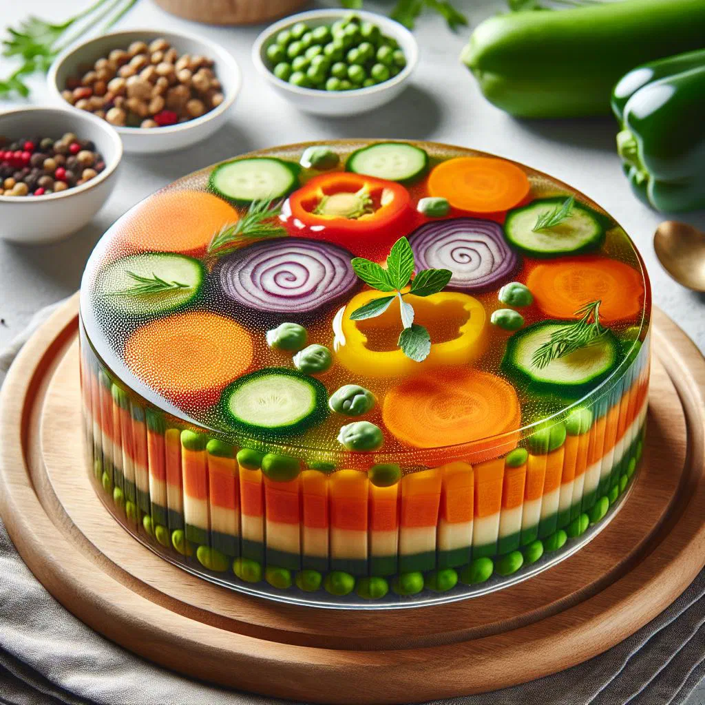 Layered moulded vegetable chartreuse garnished with fresh herbs on a white plate