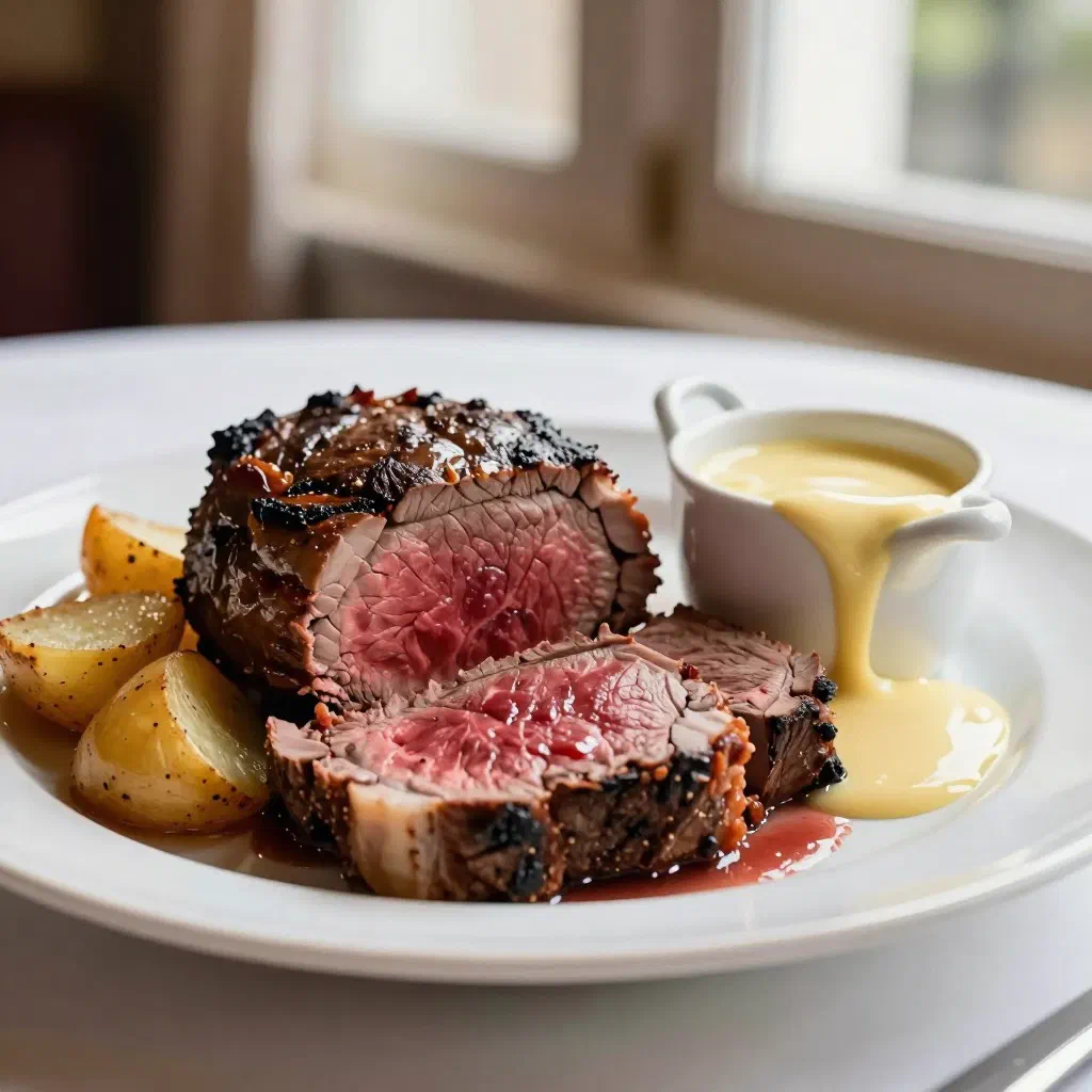 Sliced Chateaubriand beef fillet fanned out with red wine sauce and fresh herbs