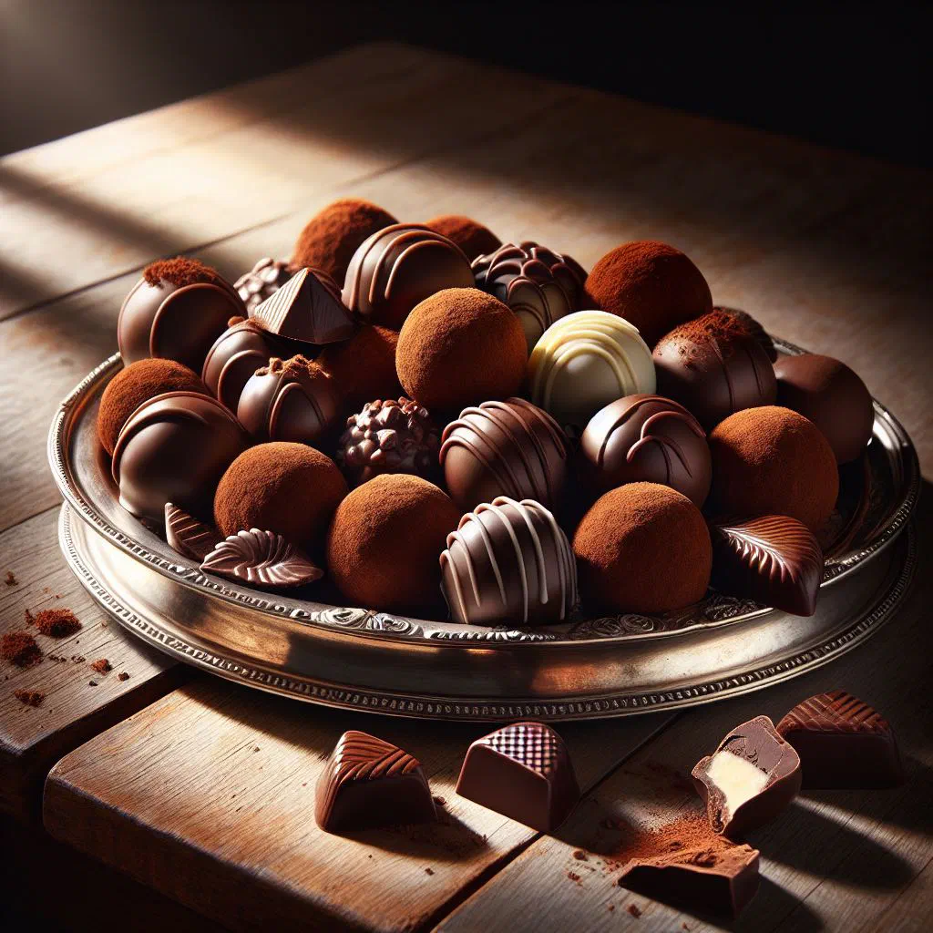 Round chocolate truffles dusted in cocoa powder on a plate