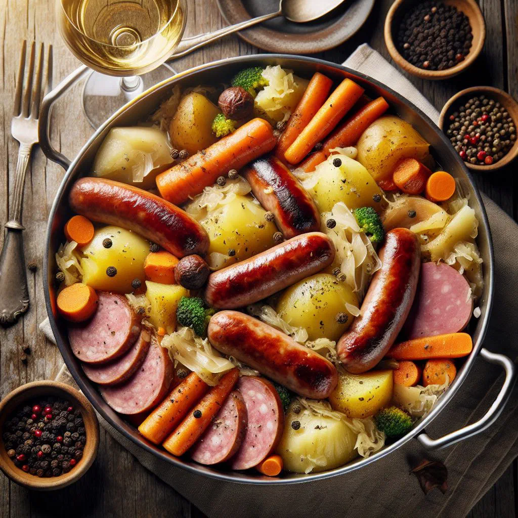 Choucroute garnie with sauerkraut, sausages and pork on a serving dish