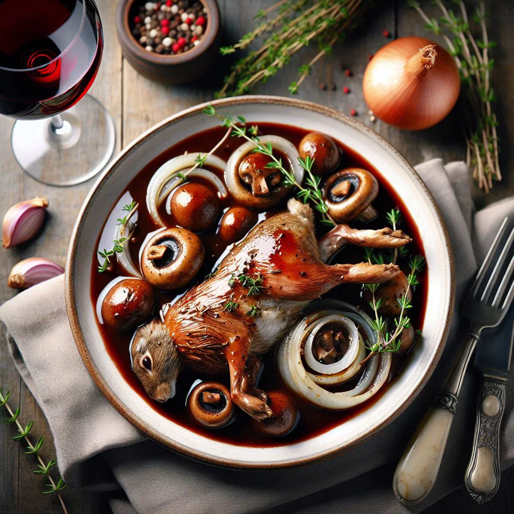 Civet de lapin rabbit stew in rich red wine sauce with carrots and herbs
