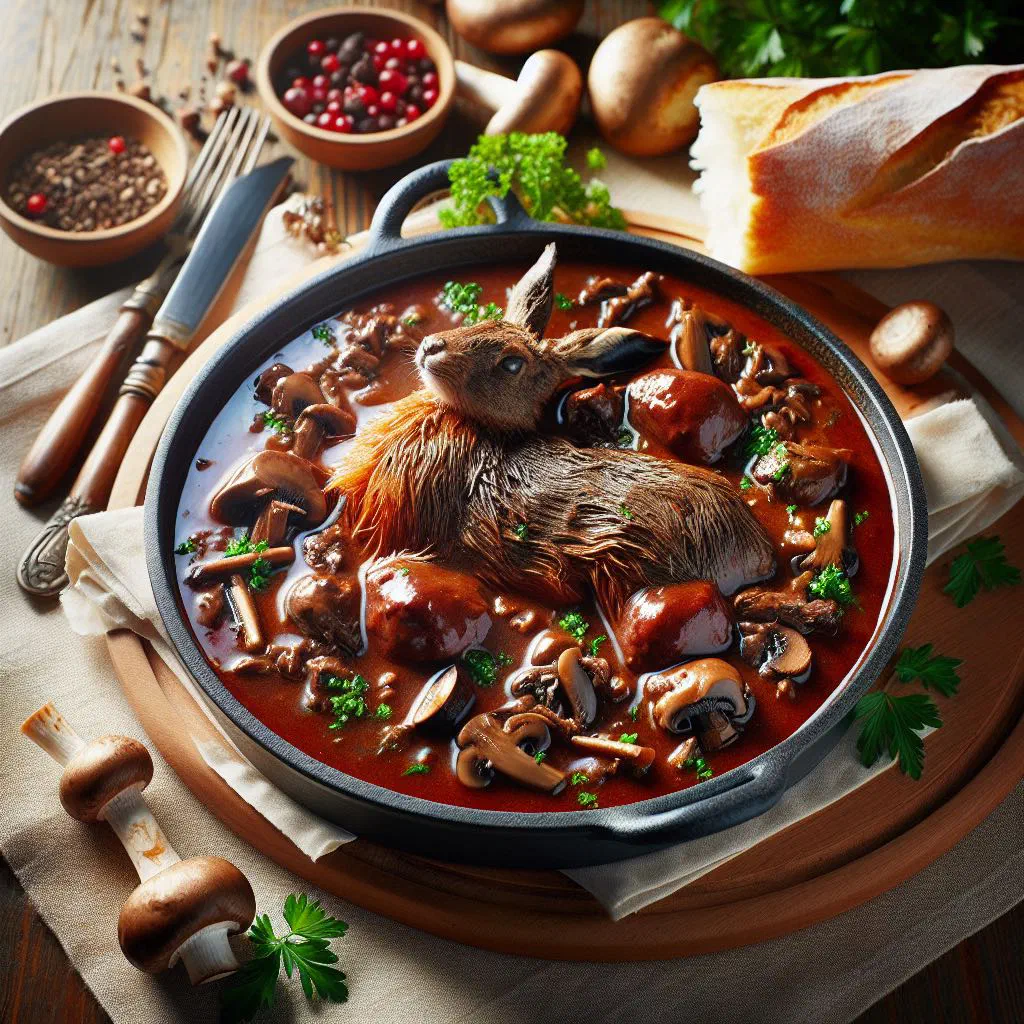 Civet de lièvre, a rich red-wine hare stew served in a deep bowl with herbs