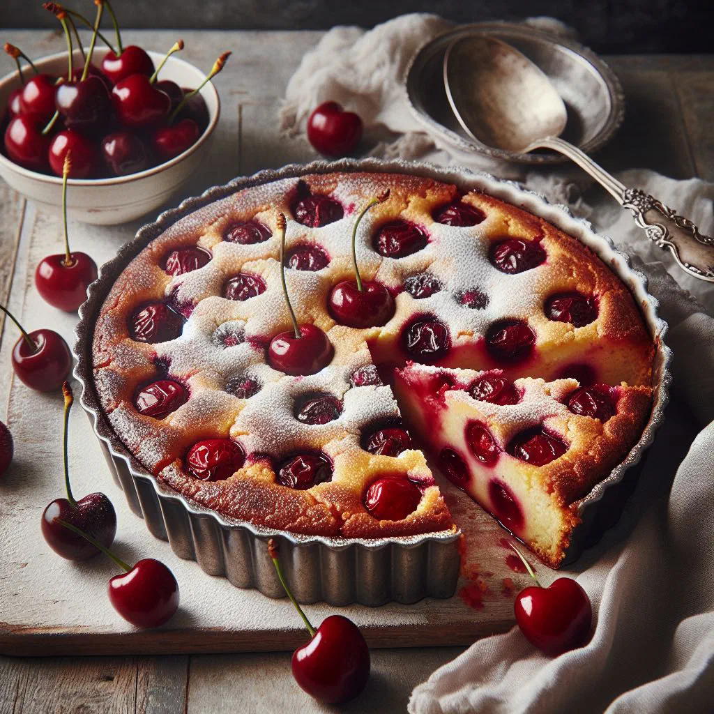 Golden baked cherry clafoutis dusted with icing sugar in a baking dish