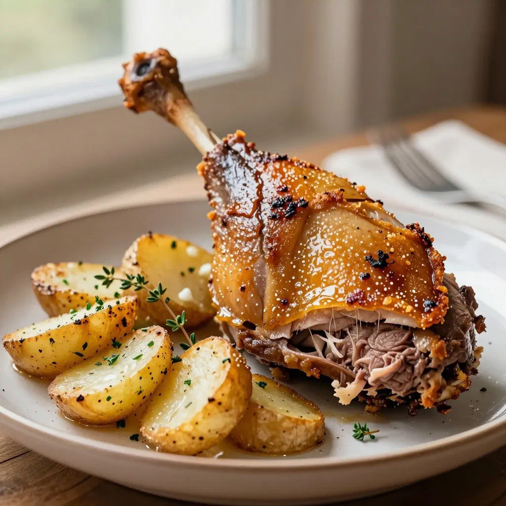 Crisp-skinned confit duck legs slow-cooked in their own fat