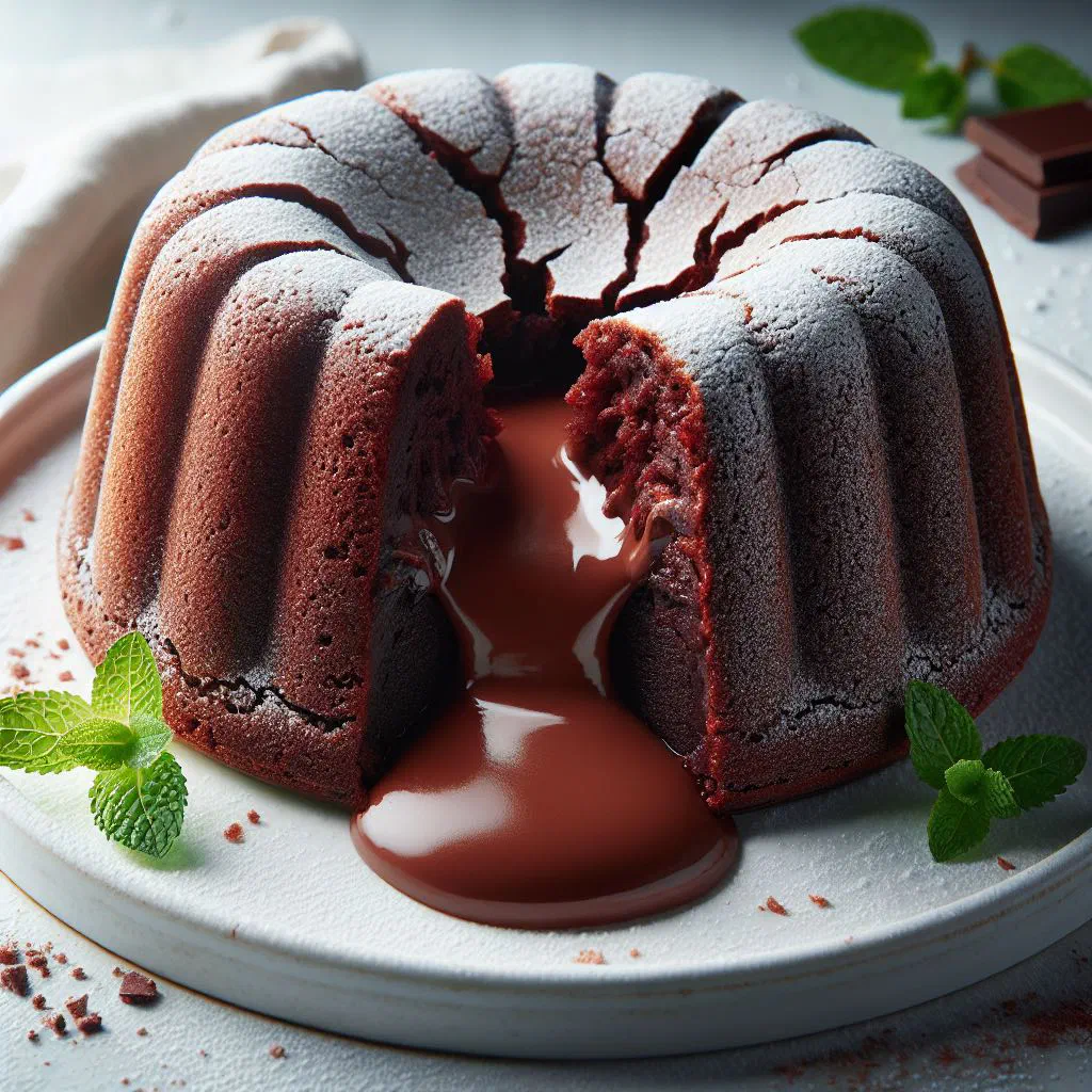 Coulant au chocolat with a molten chocolate centre flowing onto the plate