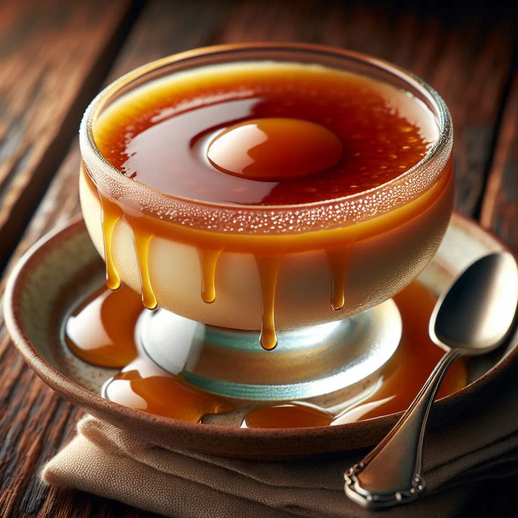 Turned-out crème caramel with a glossy caramel topping on a plate