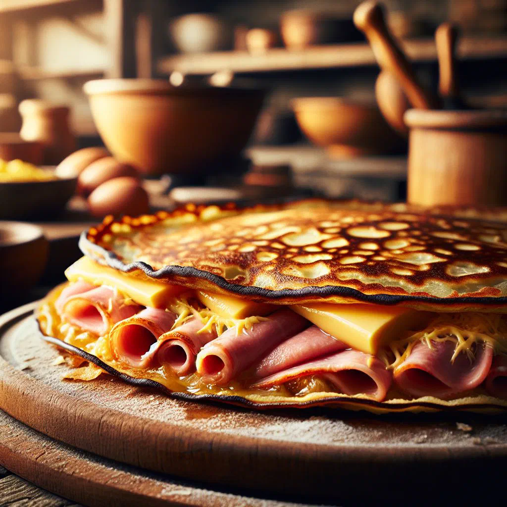 Savoury buckwheat crêpe folded around ham, melted cheese and a fried egg