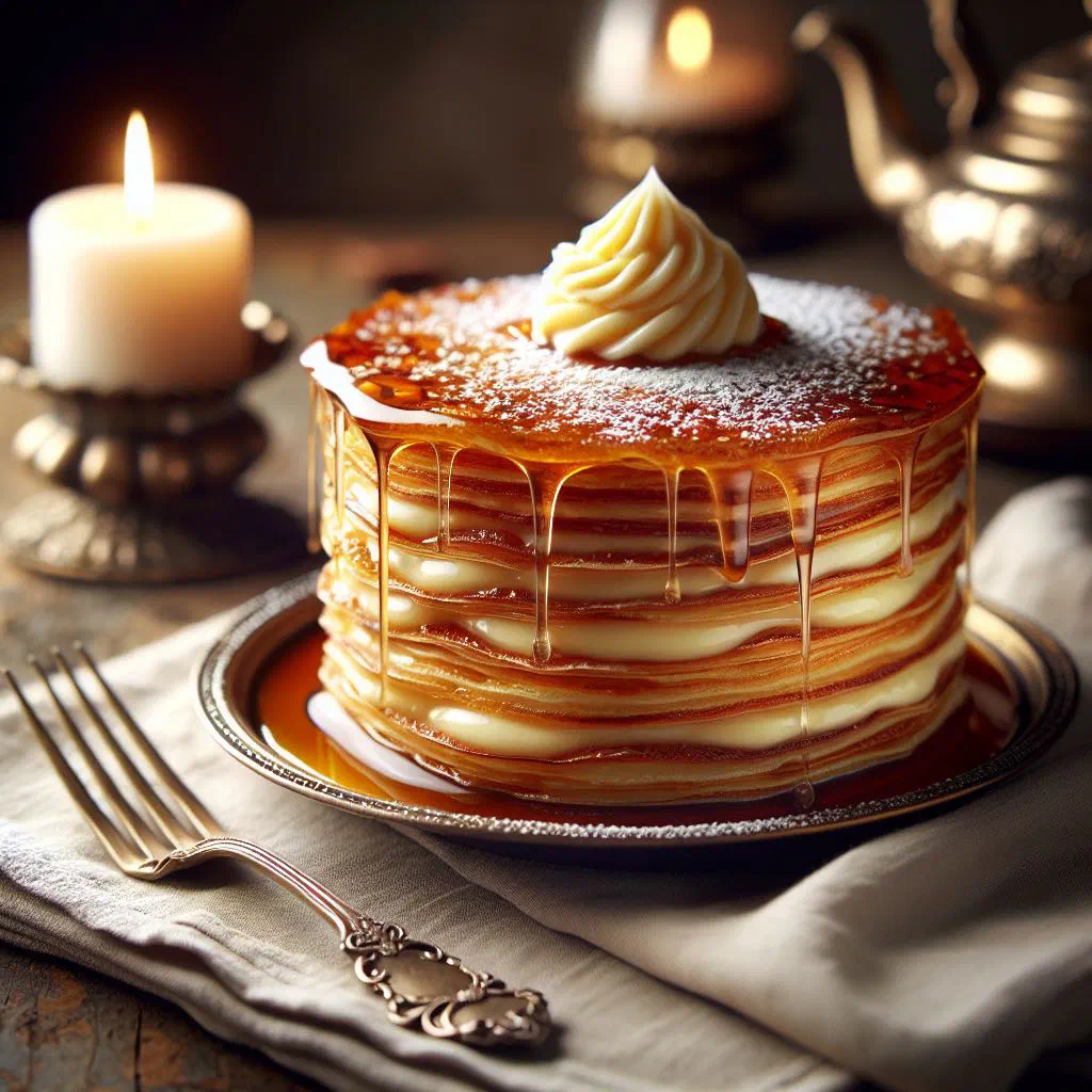 Layered crêpes millefeuille with vanilla custard and fresh berries