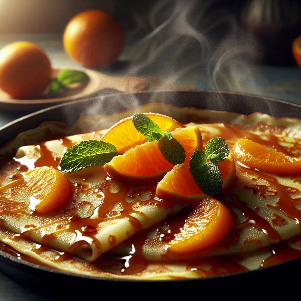 Folded crêpes Suzette in a glossy orange butter sauce