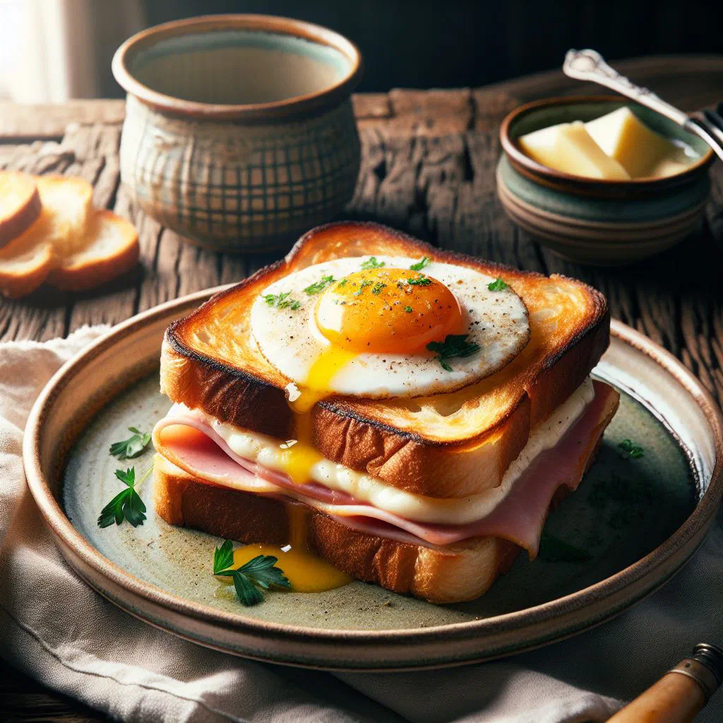 Croque-madame toasted sandwich topped with a golden fried egg